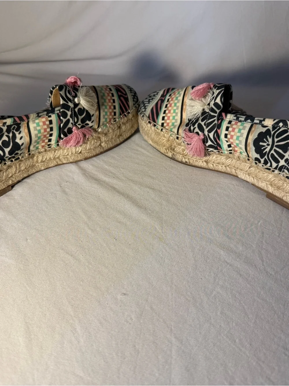 Crown Vintage Multicolor Patterned Espadrille Flats with Pink & Cream Tassels